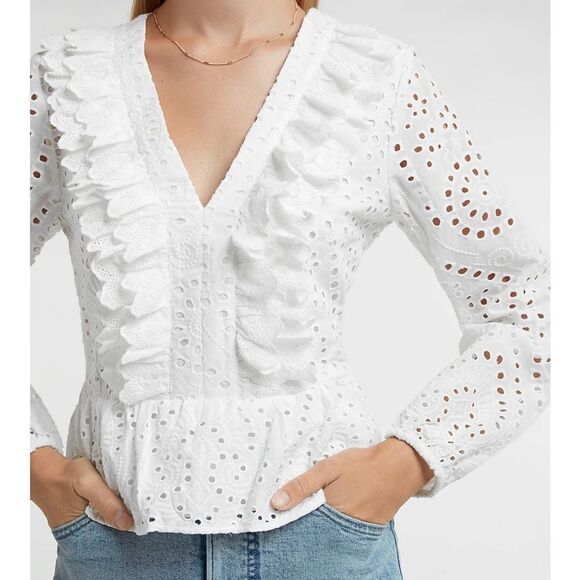 EXPRESS EYELET LACE RUFFLE FRONT PEPLUM TOP - Picture 1 of 8